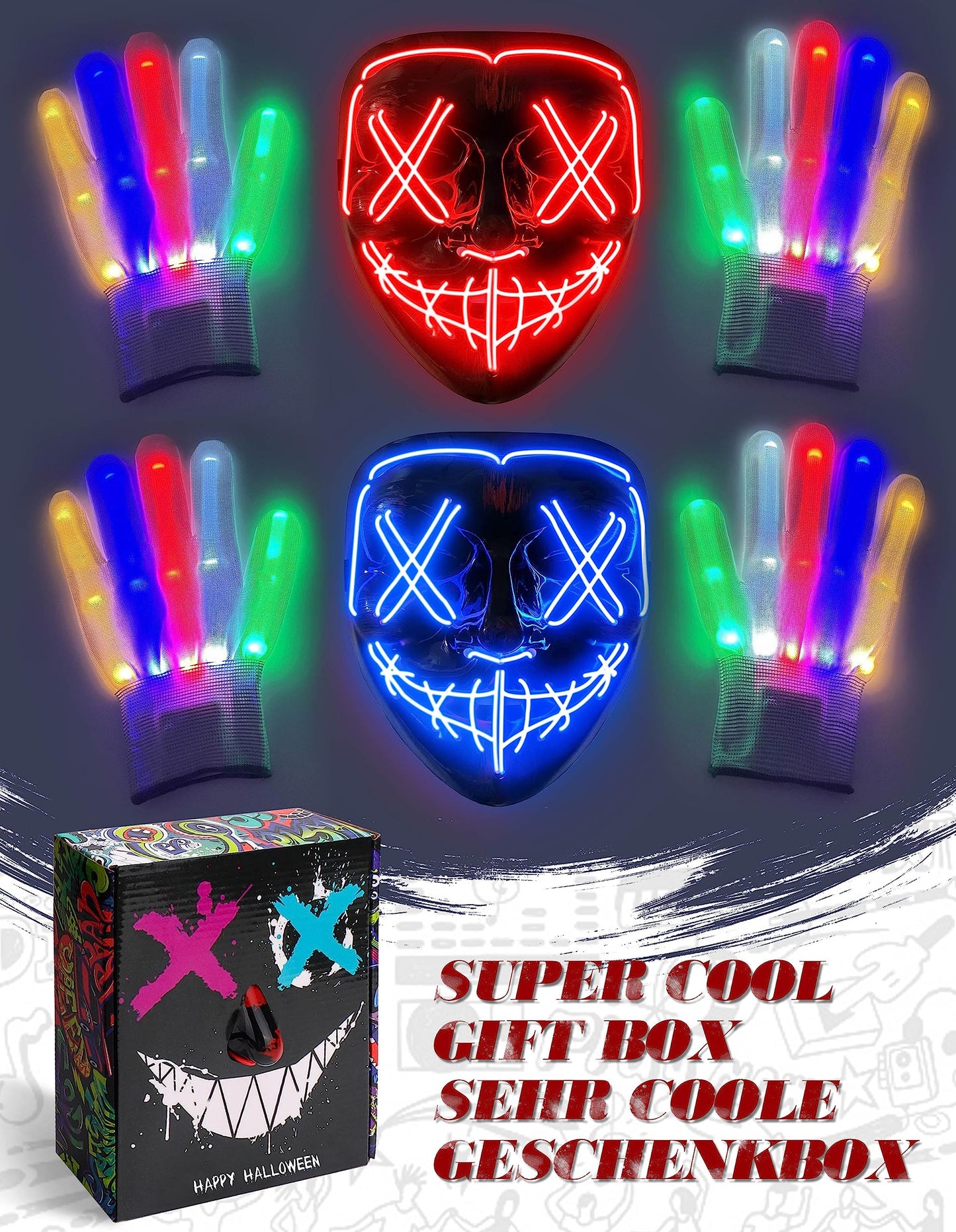 Colplay New LED Halloween Mask & Gloves in Multiple Light Modes, The Purge Mask Costume, Light up Scary Mask Gloves, Halloween Costumes for Women Kids Girls, Anonymous Neon Mask Halloween Gifts
