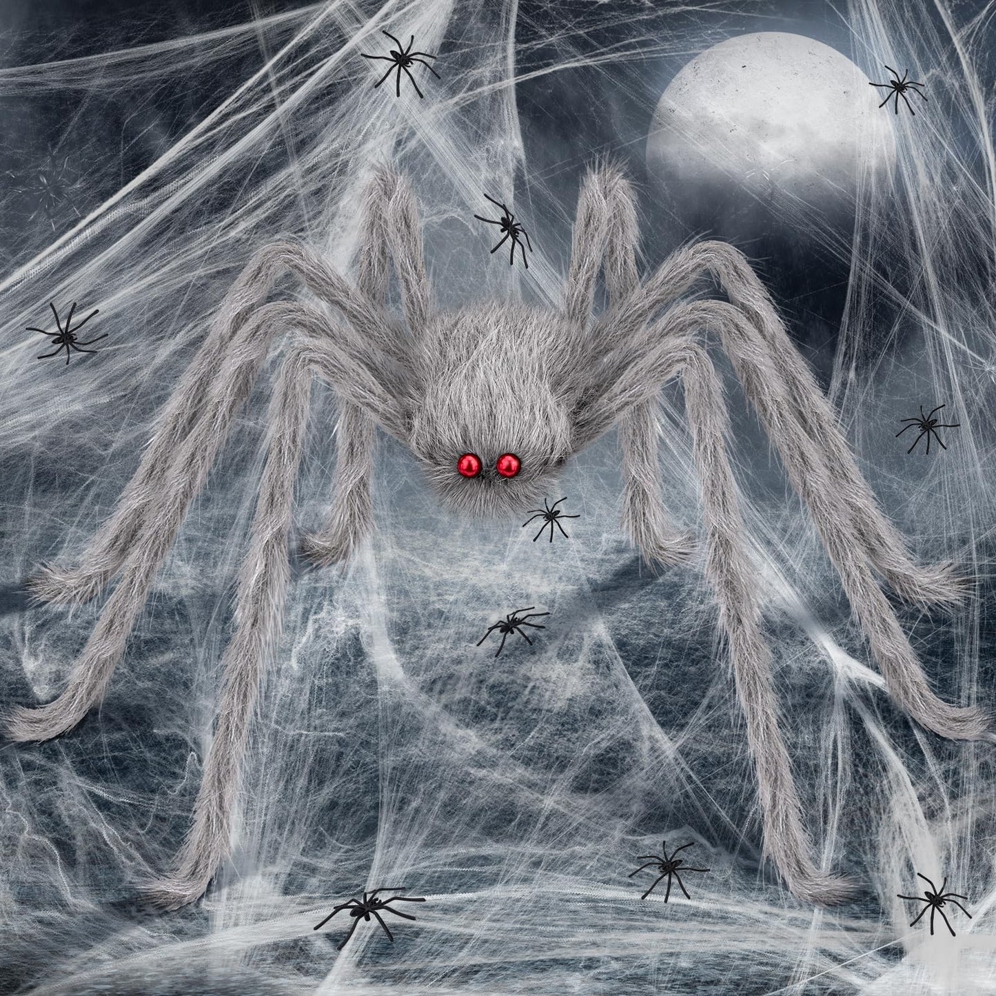 benpen Halloween Decorations Outdoor Gaint Spider:50'' Halloween Spiders Decor+10pcs Scary Hairy Fake Spiders+60g Cobweb Props for Indoor Outdoor Scary Haunted House Theme Party Yard