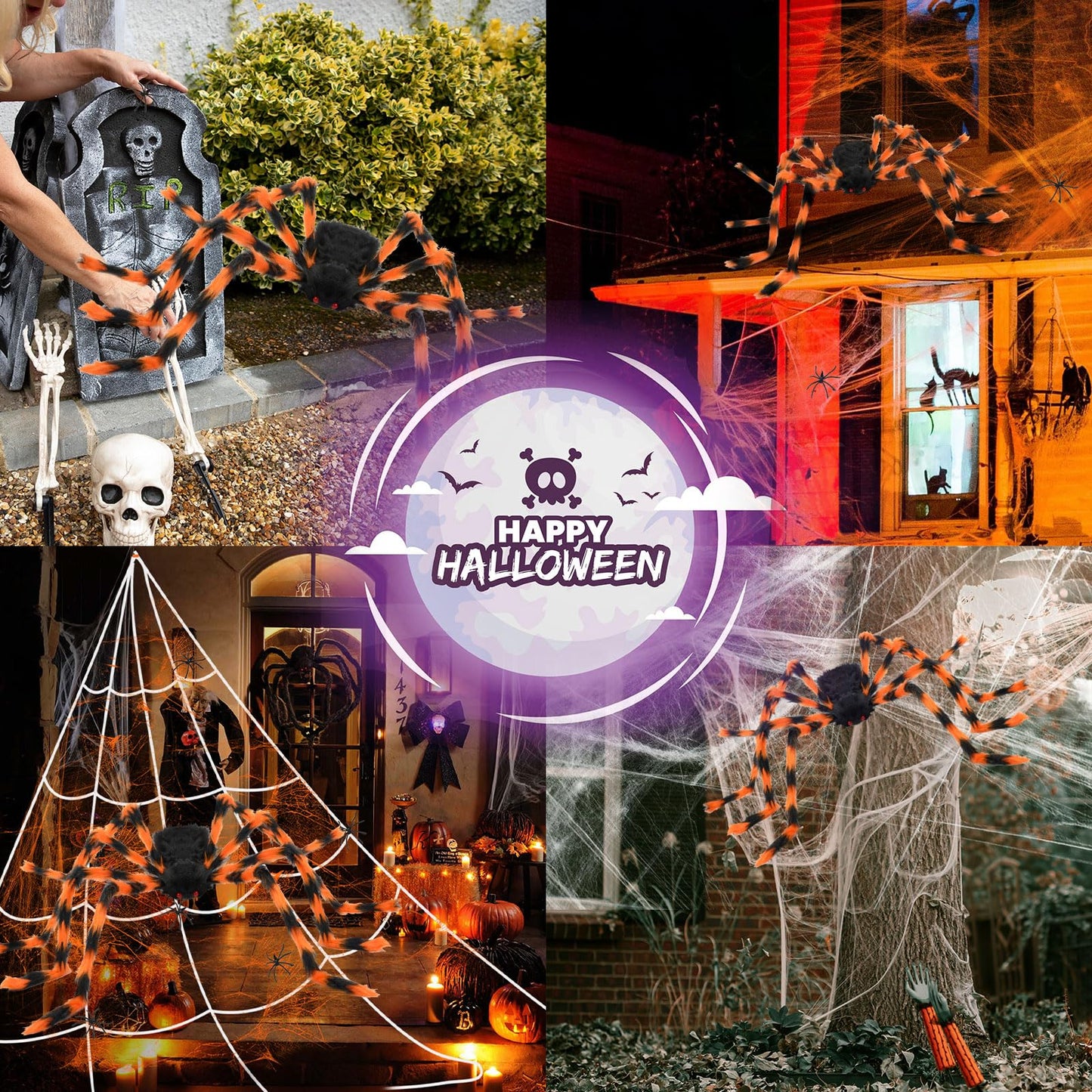 Halloween Decorations Spider Web, 50'' Giant Spider + 200'' Triangular Giant Spider Web and 20G Spider Web, Halloween Spider for Indoor Outdoor Scary Haunted House Spider Web Party Halloween Yard