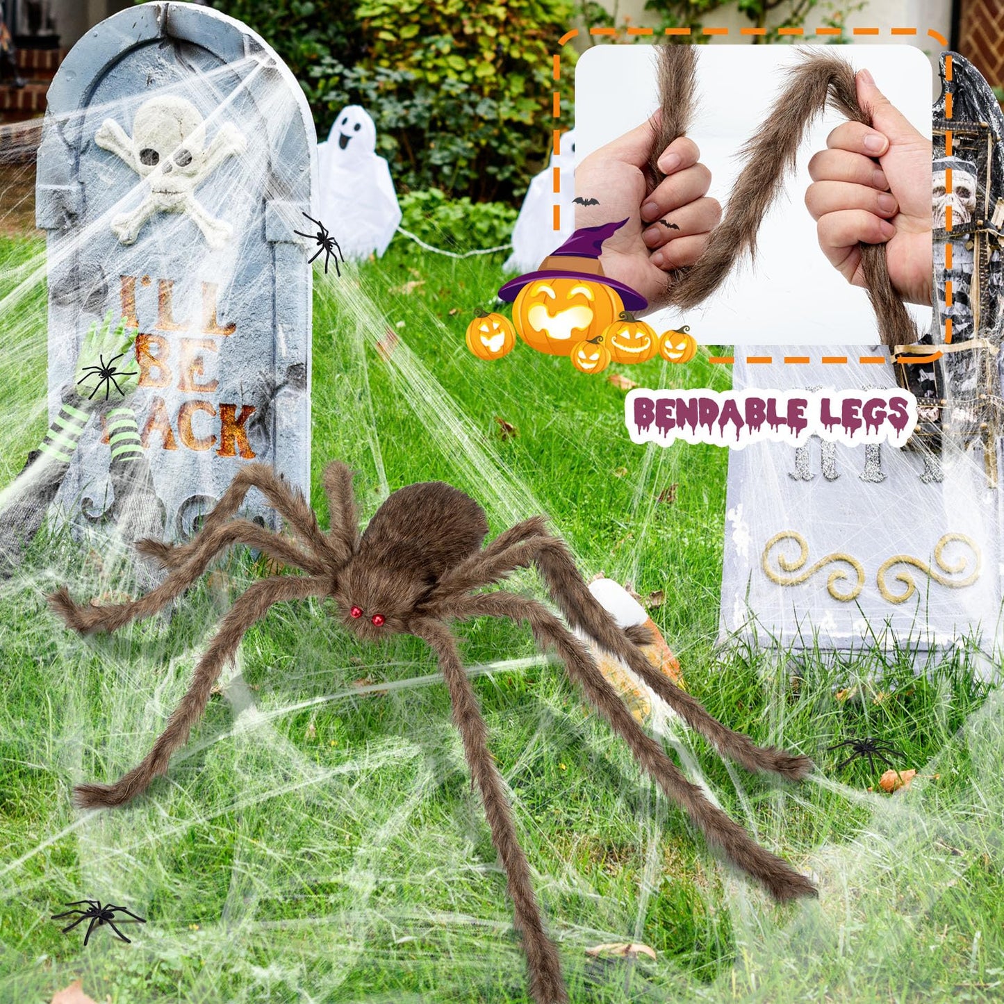 benpen Halloween Decorations Outdoor Gaint Spider:50'' Halloween Spiders Decor+10pcs Scary Hairy Fake Spiders+60g Cobweb Props for Indoor Outdoor Scary Haunted House Theme Party Yard