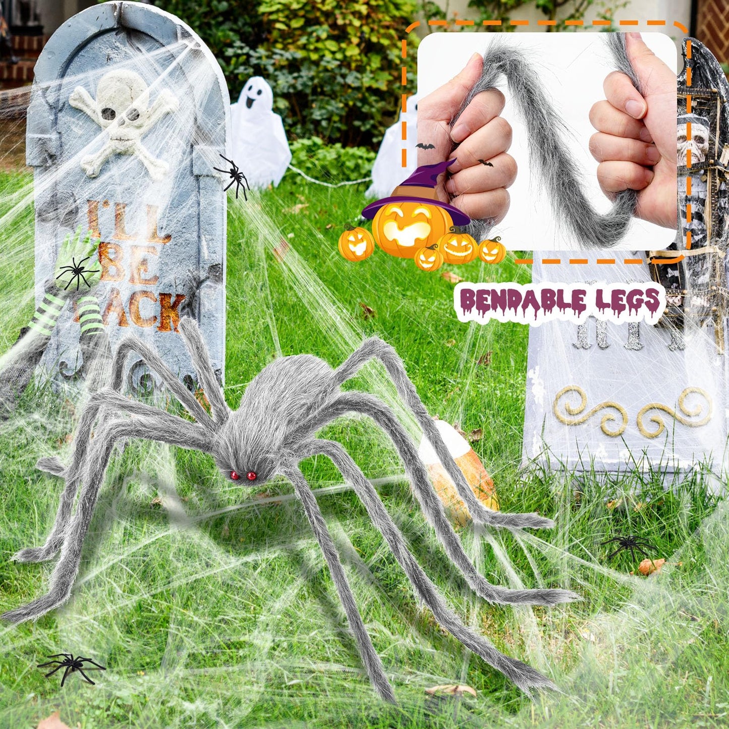 benpen Halloween Decorations Outdoor Gaint Spider:50'' Halloween Spiders Decor+10pcs Scary Hairy Fake Spiders+60g Cobweb Props for Indoor Outdoor Scary Haunted House Theme Party Yard