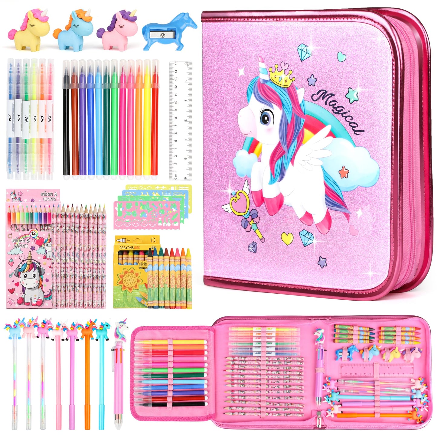 Hot Bee Unicorn Gifts for Girls 4 5 6 7, Unicorn Pencil Case Stationary Sets, Girl Toys Age 4-7, Drawing Colouring Set for Kids, Art and Crafts for Kids 4-6, Birthday Presents for Girls