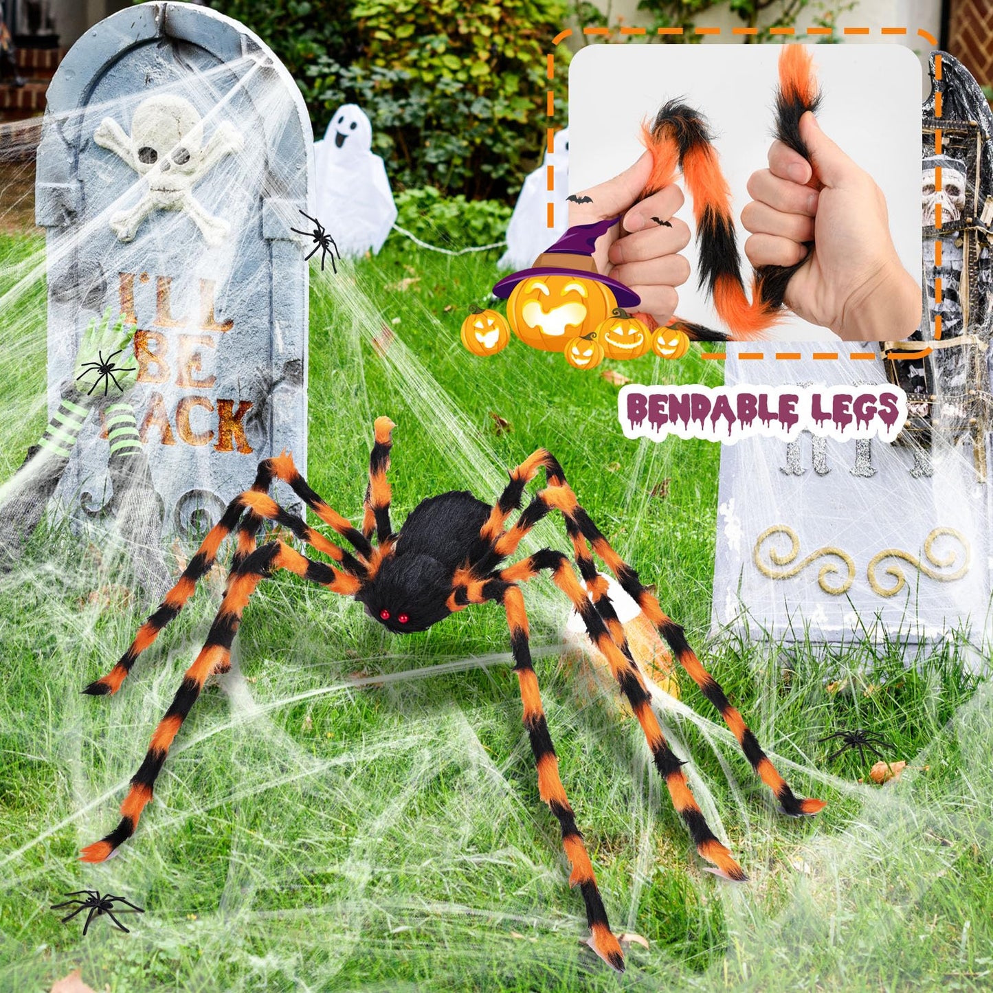 benpen Halloween Decorations Outdoor Gaint Spider:50'' Halloween Spiders Decor+10pcs Scary Hairy Fake Spiders+60g Cobweb Props for Indoor Outdoor Scary Haunted House Theme Party Yard