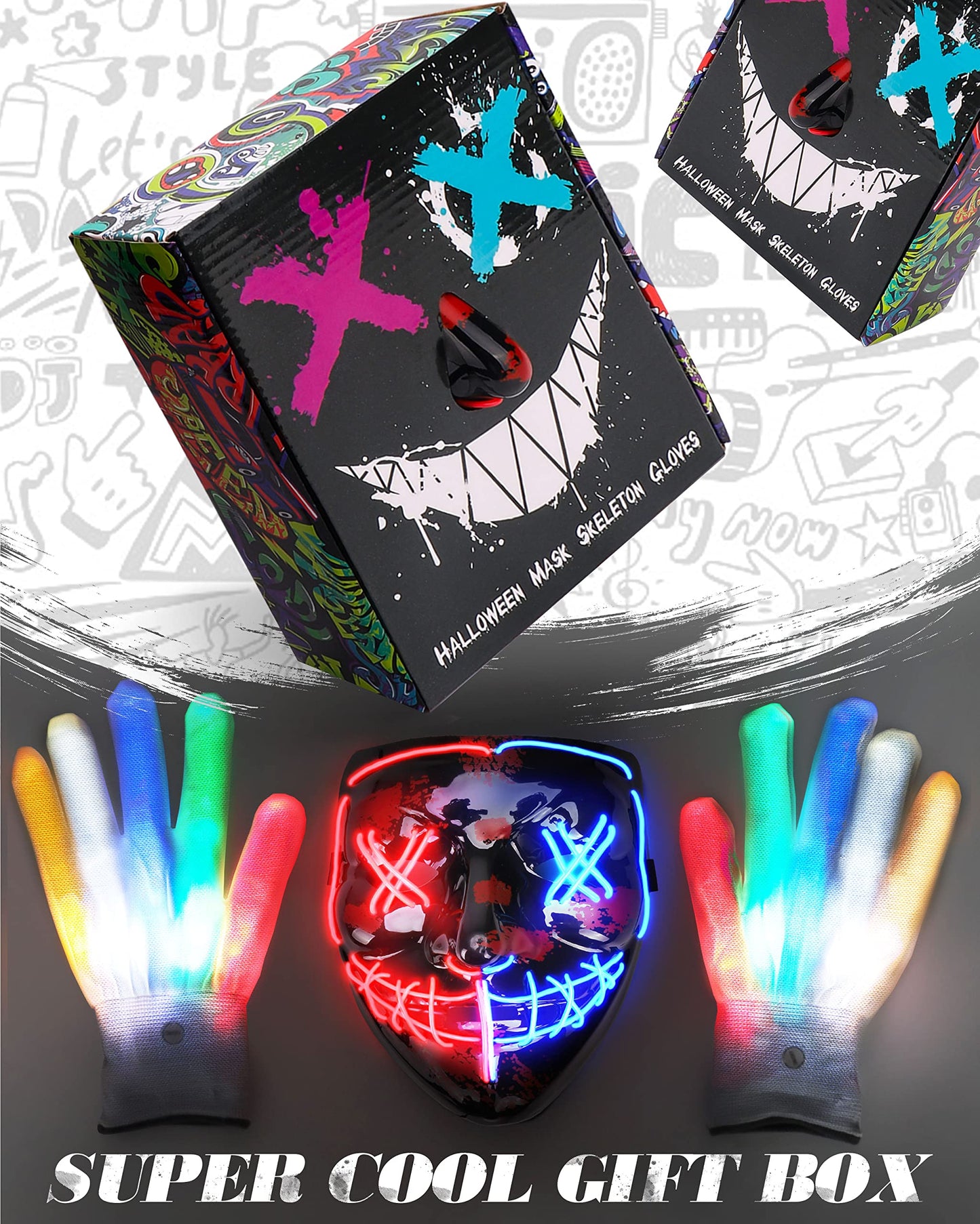 Colplay New LED Halloween Mask & Gloves in Multiple Light Modes, The Purge Mask Costume, Light up Scary Mask Gloves, Halloween Costumes for Women Kids Girls, Anonymous Neon Mask Halloween Gifts