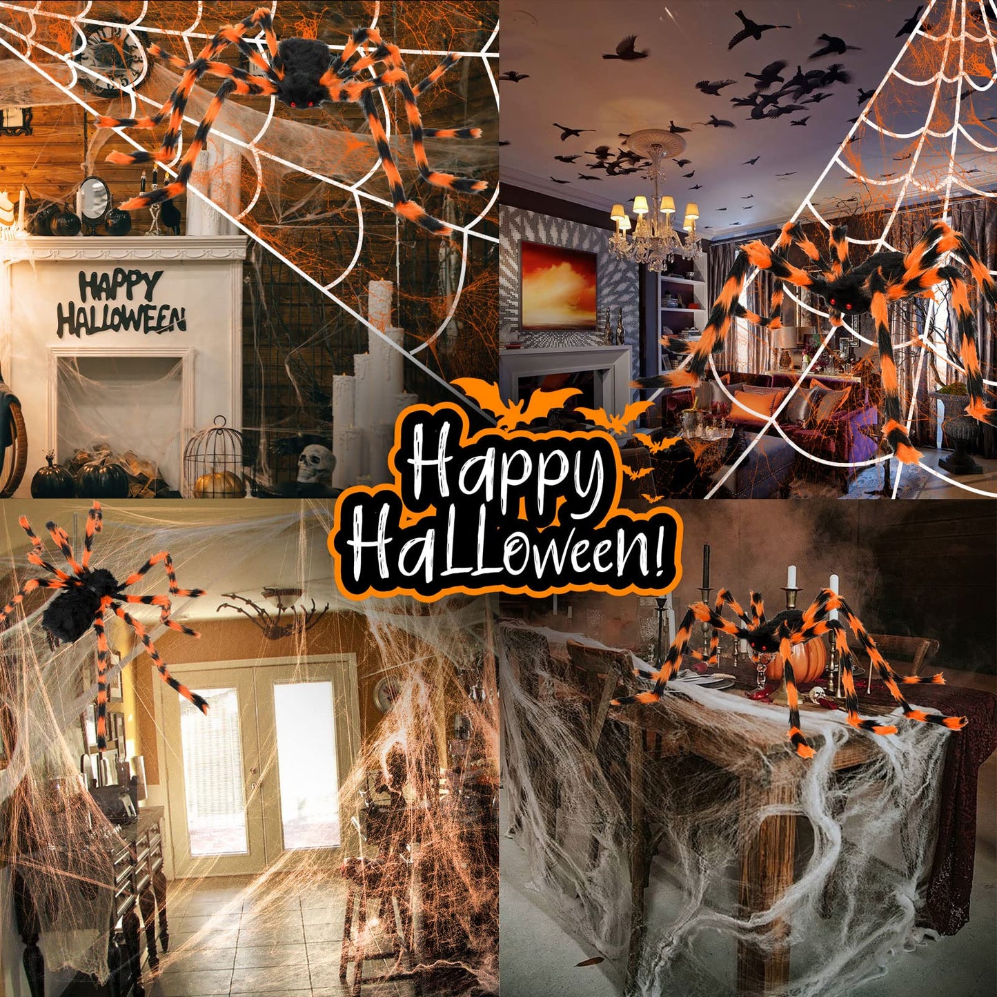 Halloween Decorations Spider Web, 50'' Giant Spider + 200'' Triangular Giant Spider Web and 20G Spider Web, Halloween Spider for Indoor Outdoor Scary Haunted House Spider Web Party Halloween Yard