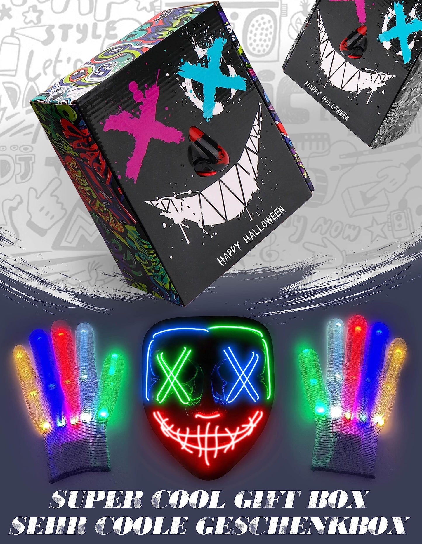Colplay New LED Halloween Mask & Gloves in Multiple Light Modes, The Purge Mask Costume, Light up Scary Mask Gloves, Halloween Costumes for Women Kids Girls, Anonymous Neon Mask Halloween Gifts
