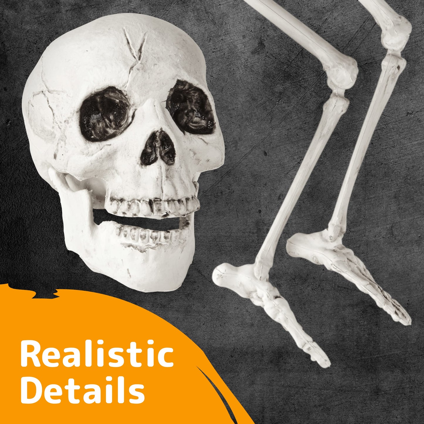 Prextex Halloween Skeleton Figure - Full Standing Body Skeleton with Movable/Posable Joints and Two Sets Of Body Accessories, Posable Decor for Halloween Decorations Outdoor Indoor - 48cm (19 Inch)