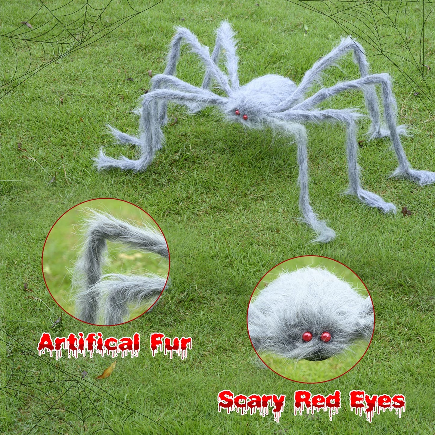 benpen Halloween Decorations Outdoor Gaint Spider:50'' Halloween Spiders Decor+10pcs Scary Hairy Fake Spiders+60g Cobweb Props for Indoor Outdoor Scary Haunted House Theme Party Yard