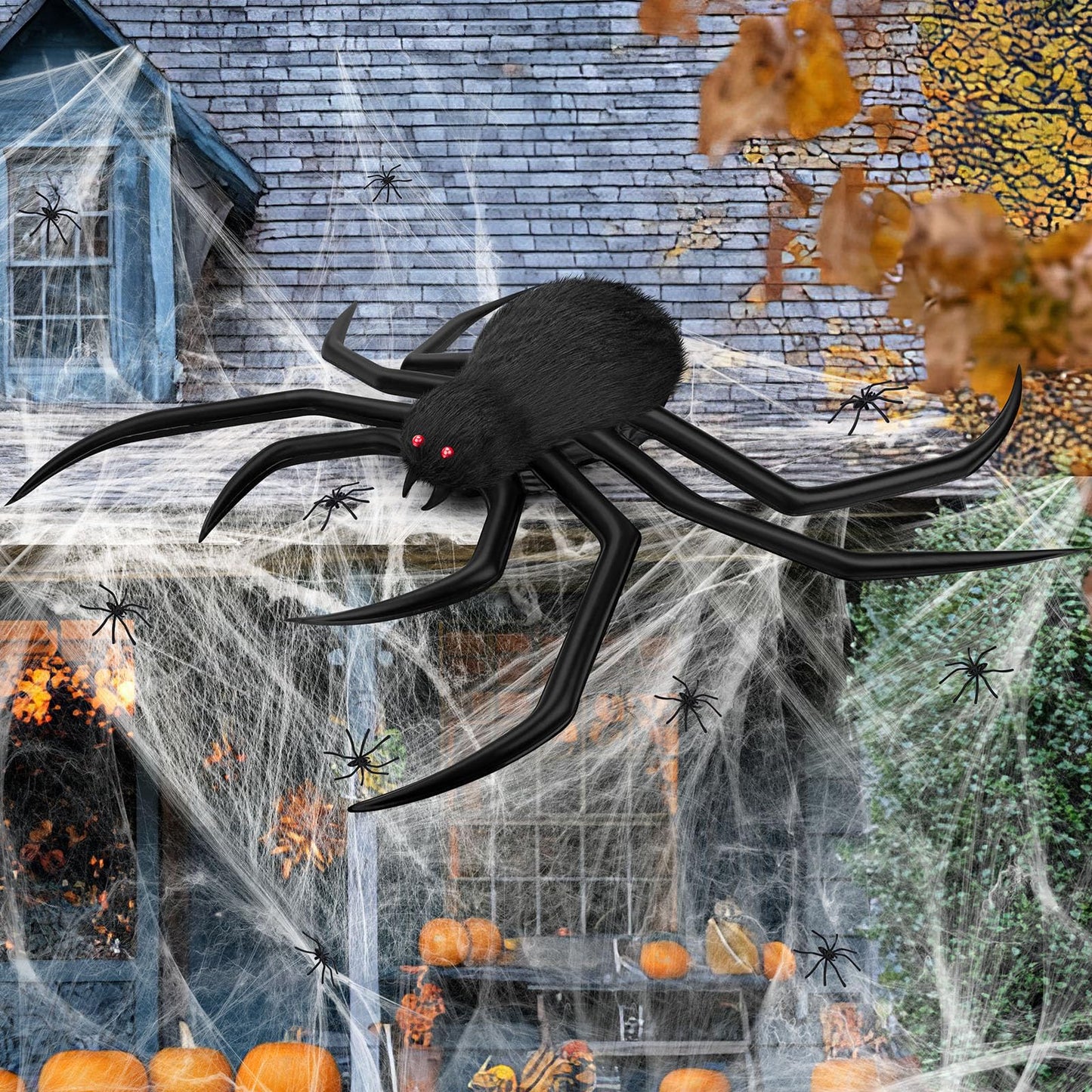 benpen Halloween Decorations Outdoor Gaint Spider:50'' Halloween Spiders Decor+10pcs Scary Hairy Fake Spiders+60g Cobweb Props for Indoor Outdoor Scary Haunted House Theme Party Yard