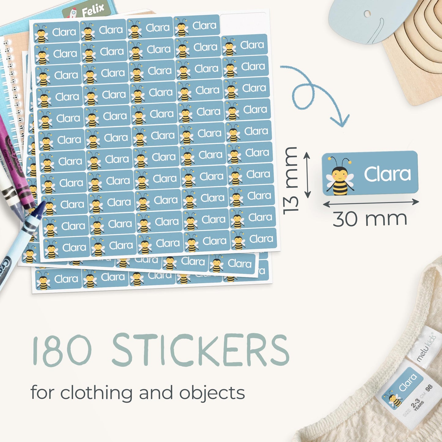 60 Stick on Name Labels for Clothes Kids - Personalised Name Tags for Clothes, School and Nursery - Waterproof and No-Iron Name Stickers for Kids
