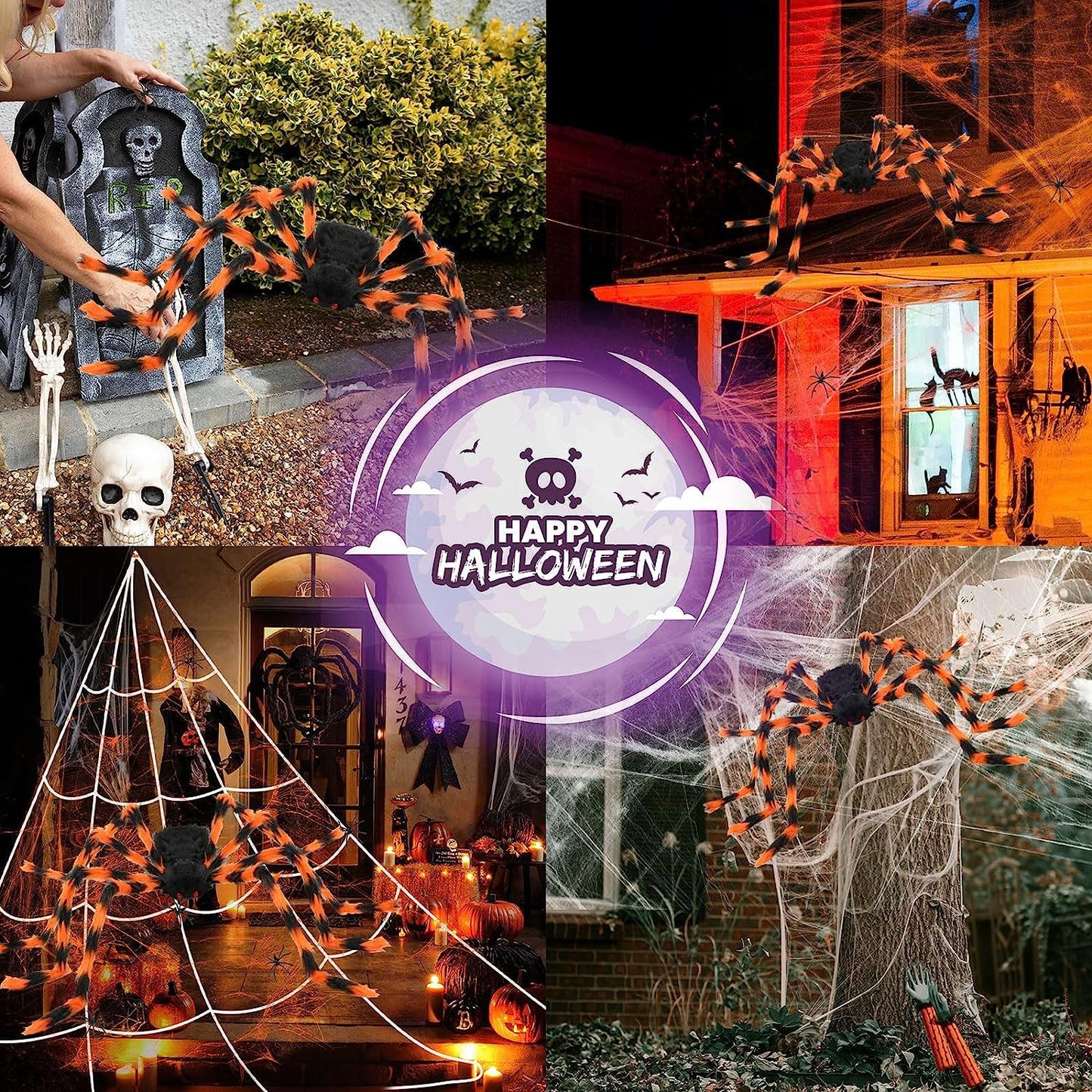 benpen Halloween Decorations Outdoor Gaint Spider:50'' Halloween Spiders Decor+10pcs Scary Hairy Fake Spiders+60g Cobweb Props for Indoor Outdoor Scary Haunted House Theme Party Yard