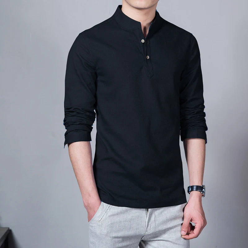 Men’s Stand Collar Linen T-Shirt | Spring Long Sleeve
