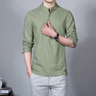 Men’s Stand Collar Linen T-Shirt | Spring Long Sleeve