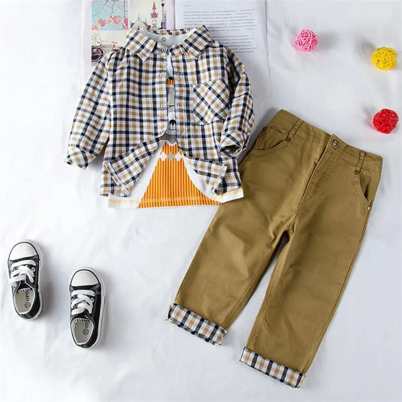 Toddler Boys 3PCS Plaid Coat, T-Shirt & Pants Set | Spring Autumn Outfit