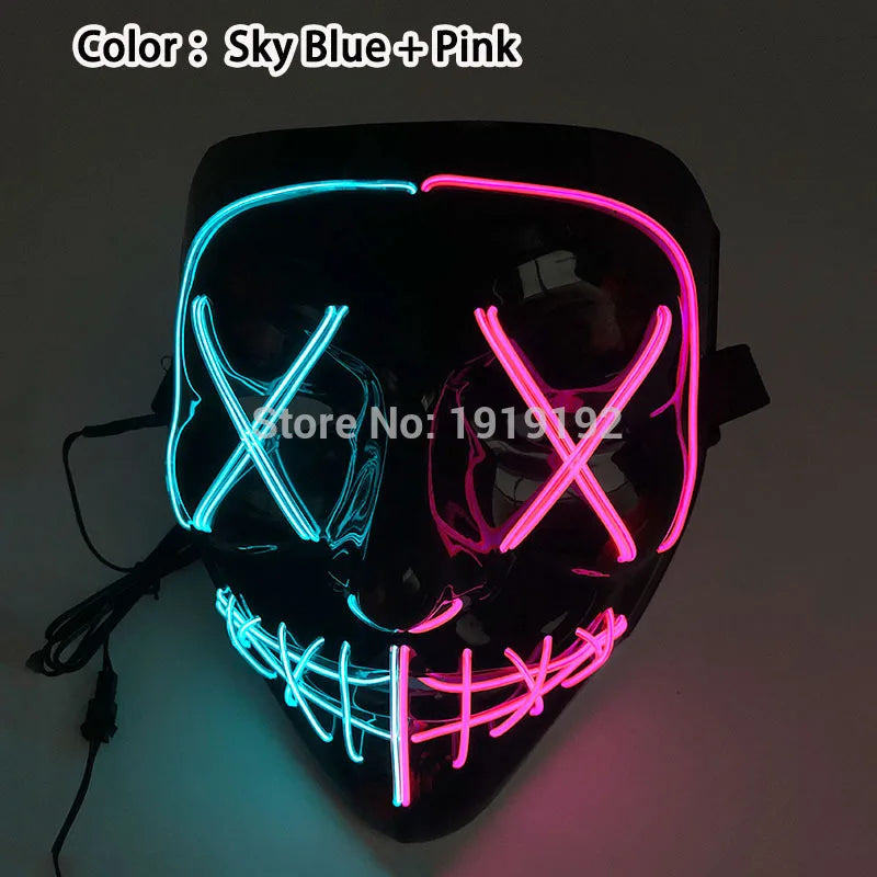 Neon LED mask with blue and pink lights on a dark background