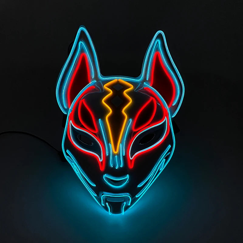 Neon mask with fox design on a black background