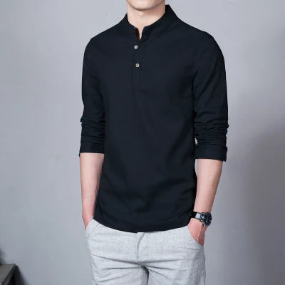 Men’s Stand Collar Linen T-Shirt | Spring Long Sleeve