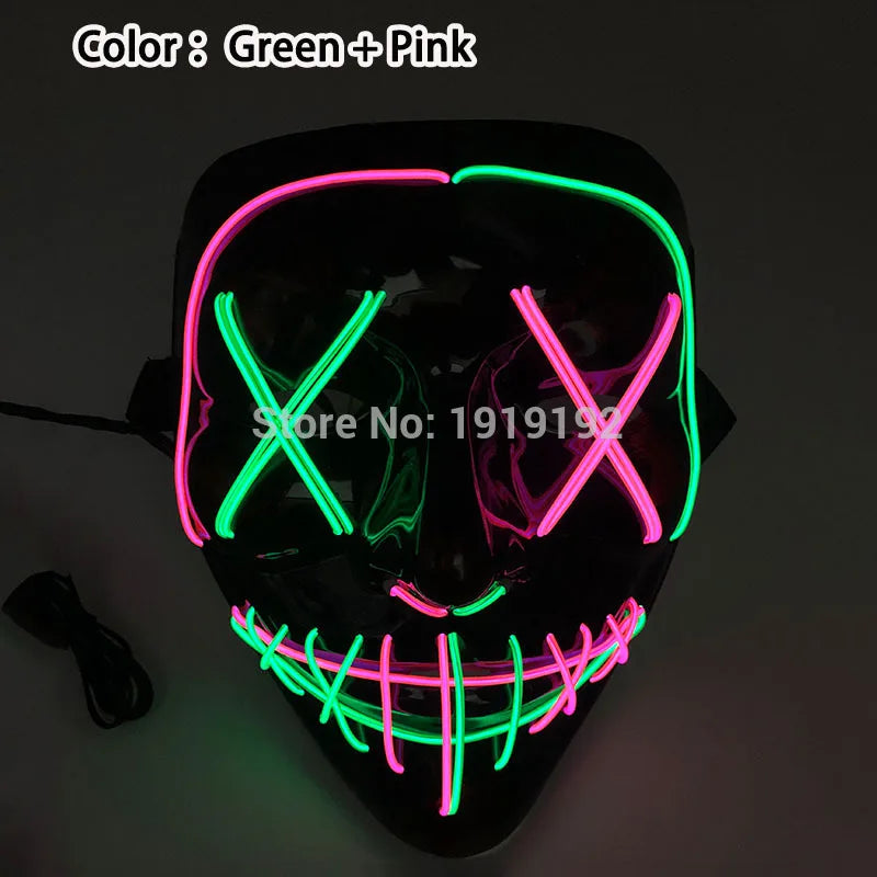 Neon green and pink mask on a dark background