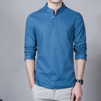 Men’s Stand Collar Linen T-Shirt | Spring Long Sleeve