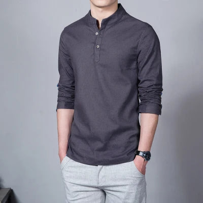 Men’s Stand Collar Linen T-Shirt | Spring Long Sleeve