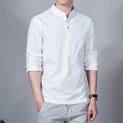 Men’s Stand Collar Linen T-Shirt | Spring Long Sleeve