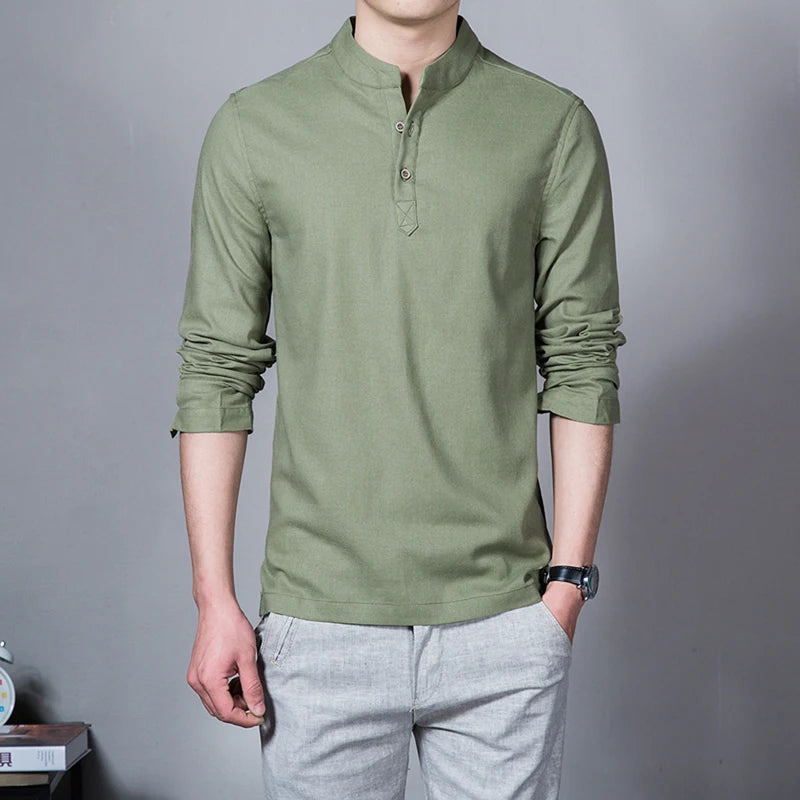 Men’s Stand Collar Linen T-Shirt | Spring Long Sleeve