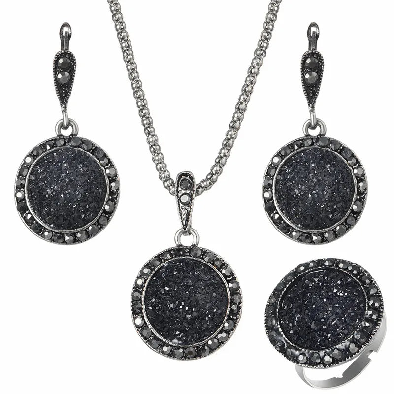 Vintage Black Stone Wedding Jewelry Set | Resin Necklace, Ring & Earrings