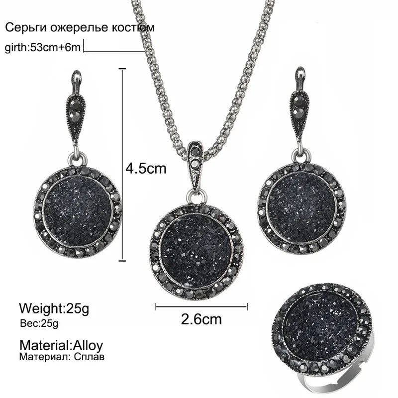 Vintage Black Stone Wedding Jewelry Set | Resin Necklace, Ring & Earrings