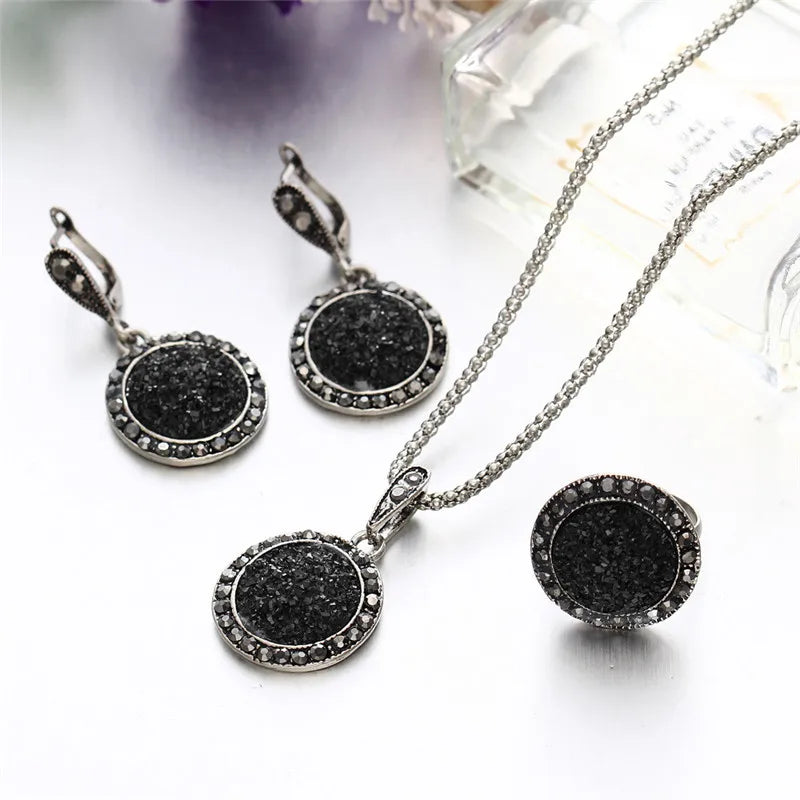 Vintage Black Stone Wedding Jewelry Set | Resin Necklace, Ring & Earrings
