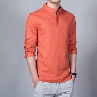 Men’s Stand Collar Linen T-Shirt | Spring Long Sleeve