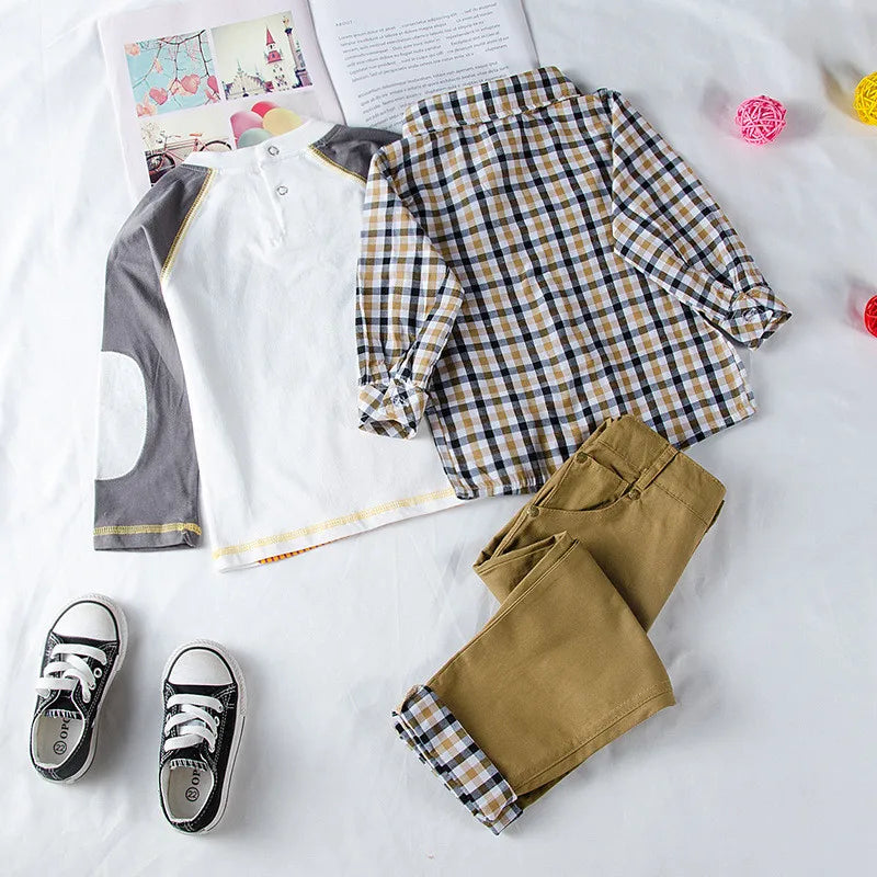 Toddler Boys 3PCS Plaid Coat, T-Shirt & Pants Set | Spring Autumn Outfit