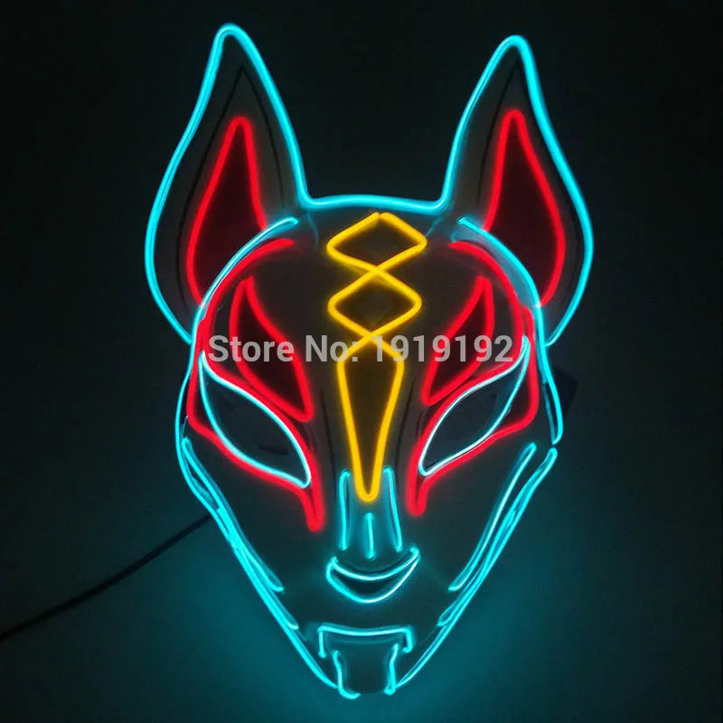 Neon wolf mask with red, blue, and yellow lights on a black background