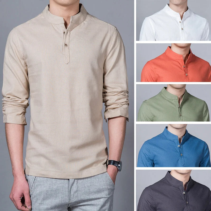Men’s Stand Collar Linen T-Shirt | Spring Long Sleeve