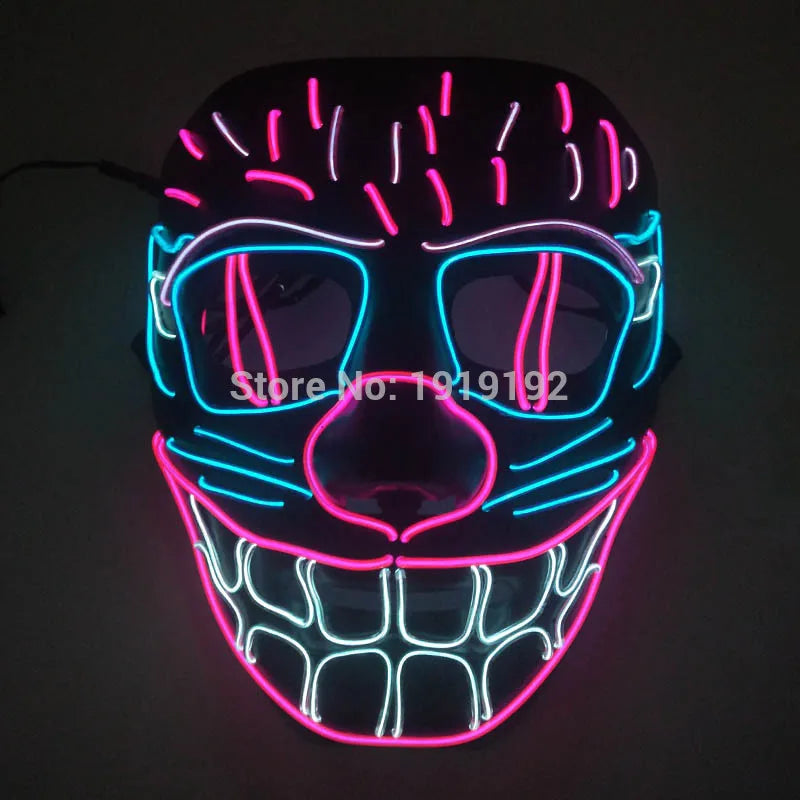 Neon LED mask with pink, blue, and white lights on a black background