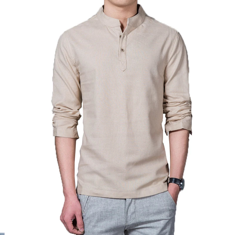 Men’s Stand Collar Linen T-Shirt | Spring Long Sleeve