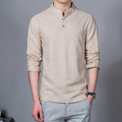 Men’s Stand Collar Linen T-Shirt | Spring Long Sleeve