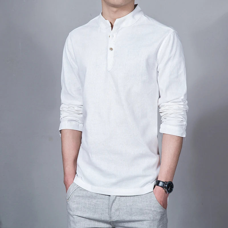Men’s Stand Collar Linen T-Shirt | Spring Long Sleeve