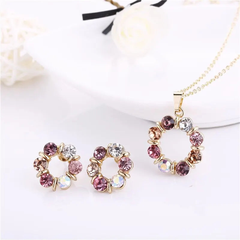 3pcs Gold Necklace & Earrings Set | Celebrity Style Diamond Circle