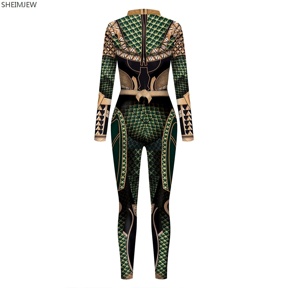 Green and black patterned bodysuit on a white background