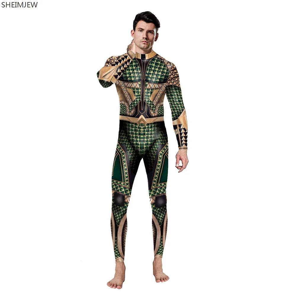 Person wearing a green and gold superhero costume on a white background