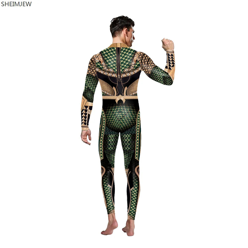 Person wearing a green and black patterned bodysuit on a white background