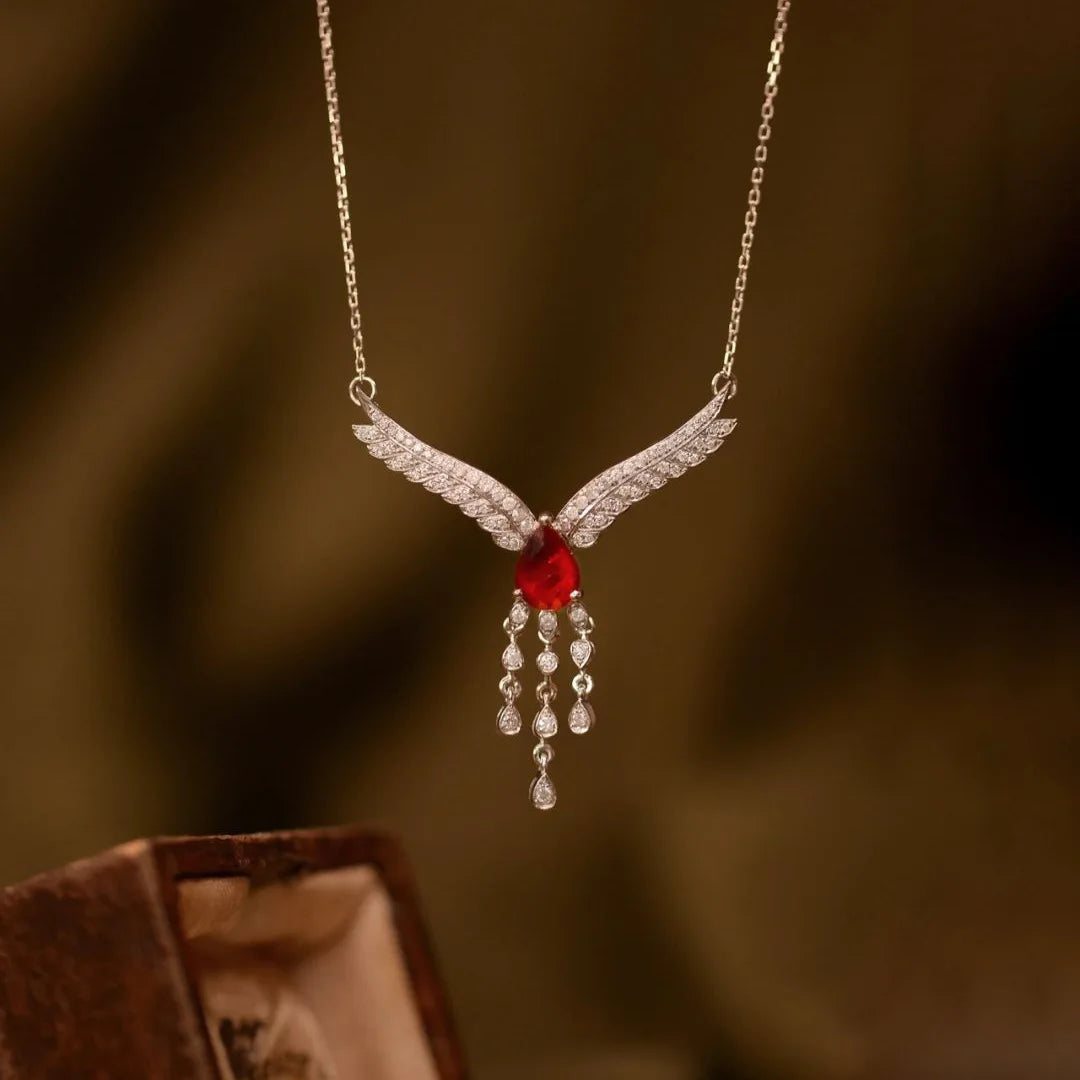 Luxurious Red Gemstone Necklace | 925 Silver Diamond Inlaid Wings Chain