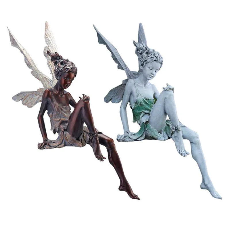 Flower Fairy Resin Statue Decoration Outdoor Garden Angel Girl Sitting Figurines Sculpture Craft Landscaping Yard Art Ornament