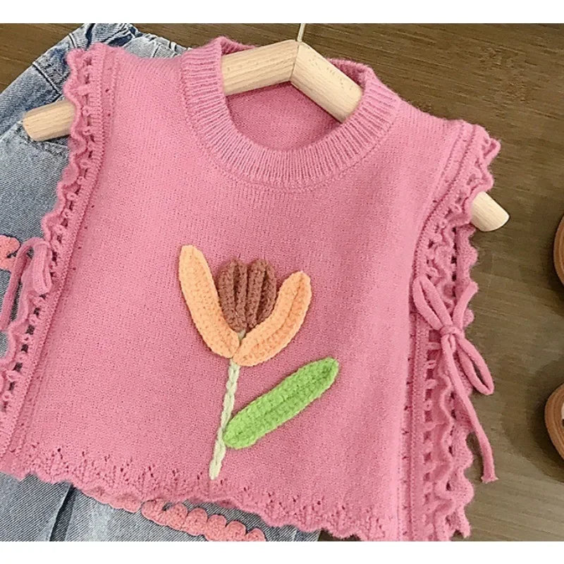 Children’s Pink Knitted Waistcoat & Jeans Set | Summer Outfit 2-7 Years