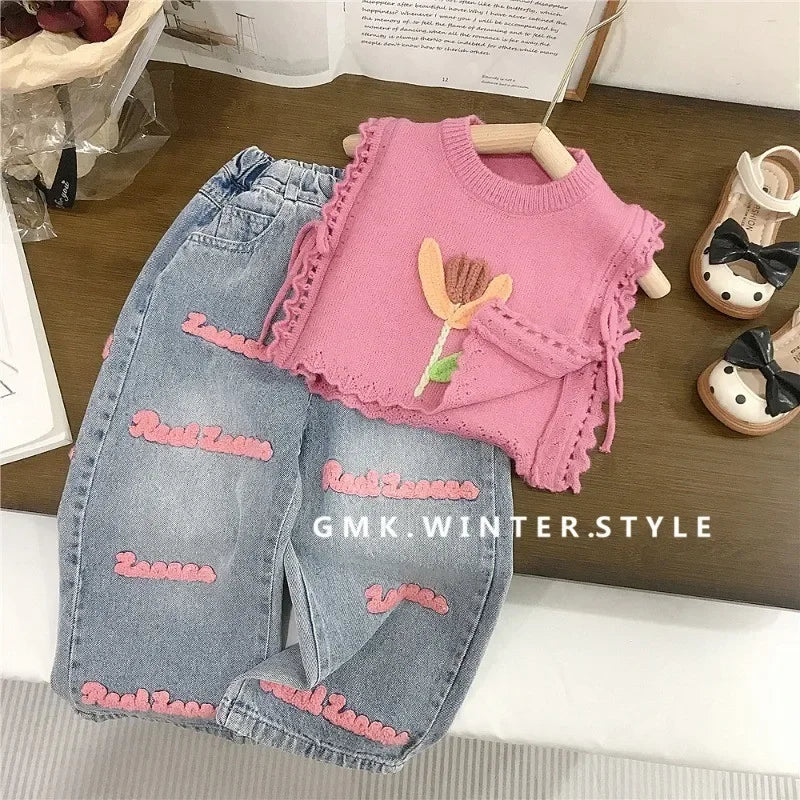Children’s Pink Knitted Waistcoat & Jeans Set | Summer Outfit 2-7 Years