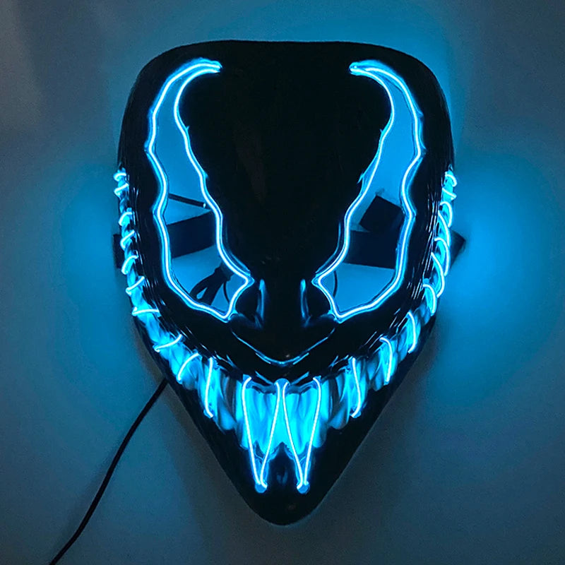 Black mask with blue LED lights on a white background