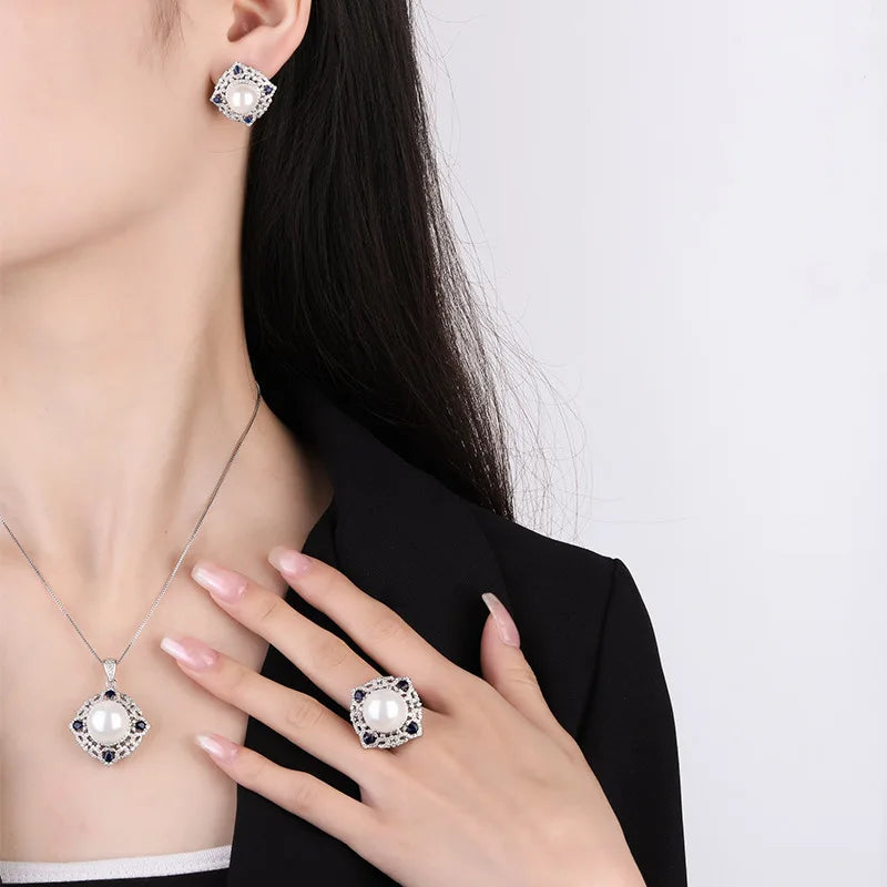 S925 Silver & 18K Gold Platinum Pearl Jewelry Set | Korean Sapphire