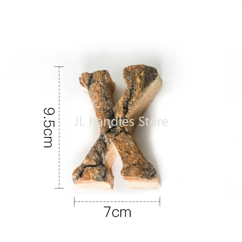 Two wooden dog chew toys with measurements on a white background
