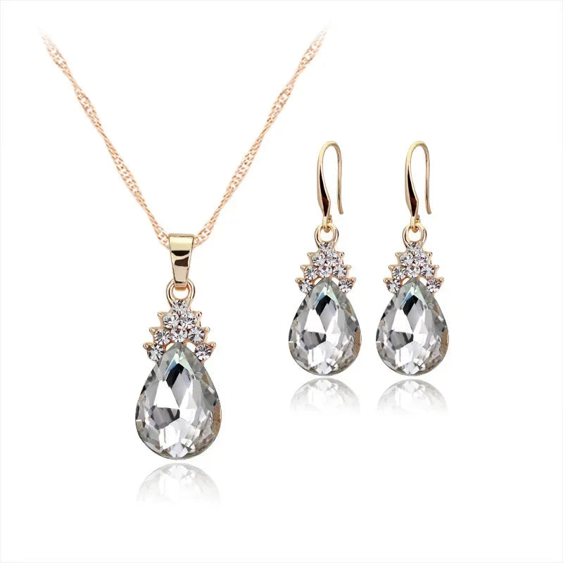 3pcs Gold Jewelry Set | Crystal Bridal Necklace & Earrings Set