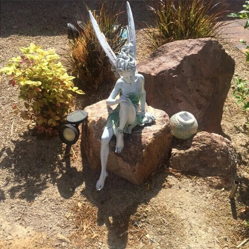 Flower Fairy Resin Statue Decoration Outdoor Garden Angel Girl Sitting Figurines Sculpture Craft Landscaping Yard Art Ornament